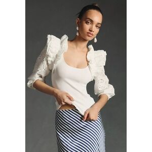 Anthro Dolan Ivory Ruffle Eyelet Top Coquette Romantic‎ Statement Puff Sleeve M